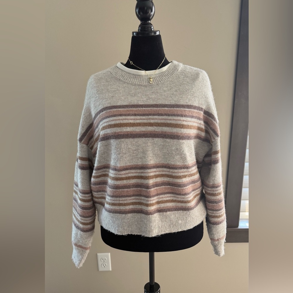 Thread & Supply Gray Beige Mauve Brown Striped Drop Shoulder Sweater